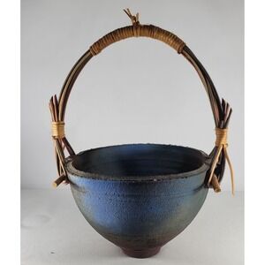 LAURA ROSS Handcrafted Signed Clay Pottery Basket with Wicker Bound Handle
